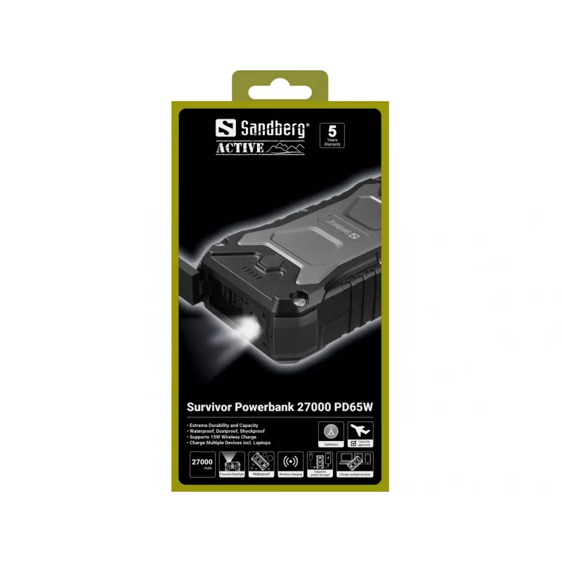 Sandberg Survivor Powerbank 27000 PD65W, 27000 mAh, Power Delivery, Quick Charge 3.0, carga inalámbrica, negro
