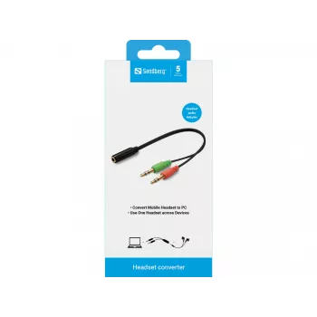 Sandberg Adaptador para auriculares (móvil) PC, 2 x 3,5 mm, conector macho, 3,5 mm, conector hembra, negro