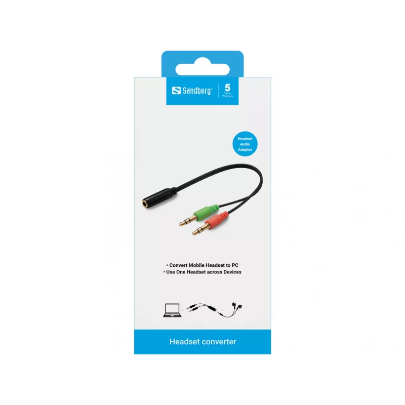 Sandberg Adaptador para auriculares (móvil) PC, 2 x 3,5 mm, conector macho, 3,5 mm, conector hembra, negro