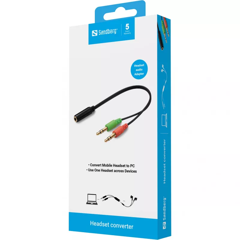Sandberg Adaptador para auriculares (móvil) PC, 2 x 3,5 mm, conector macho, 3,5 mm, conector hembra, negro