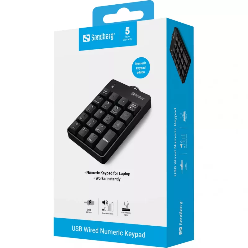 Sandberg Teclado numérico USB con cable, USB, 19, portátil/PC, 1,5 m, negro