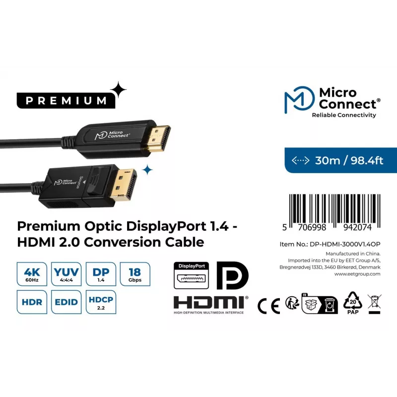 Microconnect DP-HDMI-3000V1.4OP cable adaptador de vídeo 30 m DisplayPort HDMI Type-A (estándar) negro