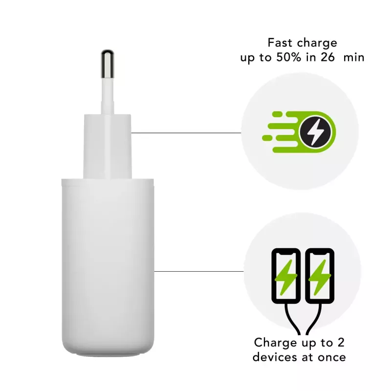 Cargador de pared dbramante re-charge Pro — 2× USB-C 25W, 110–240V, Blanco