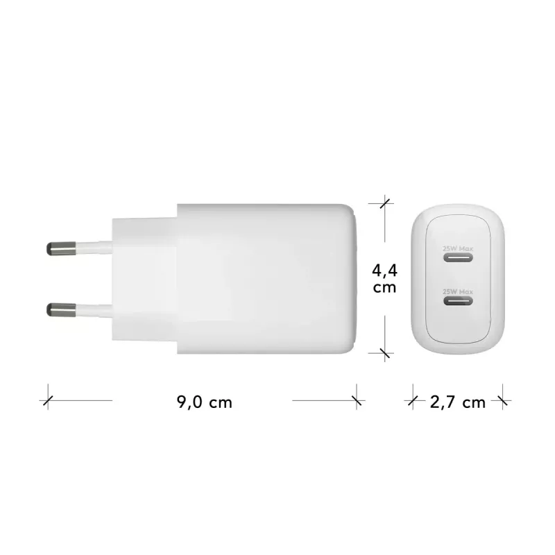 Cargador de pared dbramante re-charge Pro — 2× USB-C 25W, 110–240V, Blanco