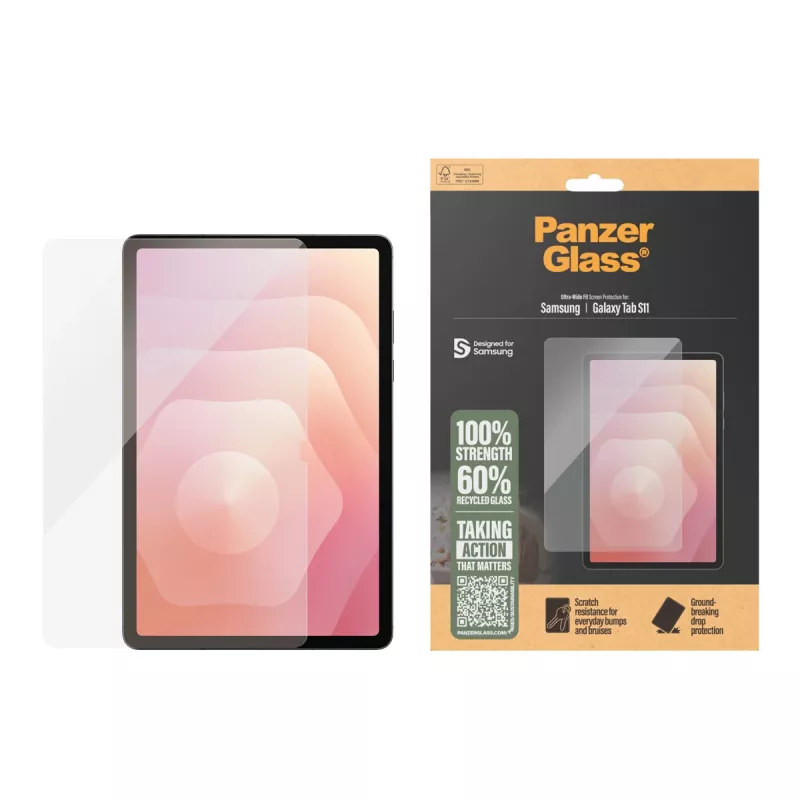 Lámina protectora de pantalla PanzerGlass para Samsung Galaxy Tab S11 — cristal templado, PET, silicona, Ultra-Wide Fit, transparente