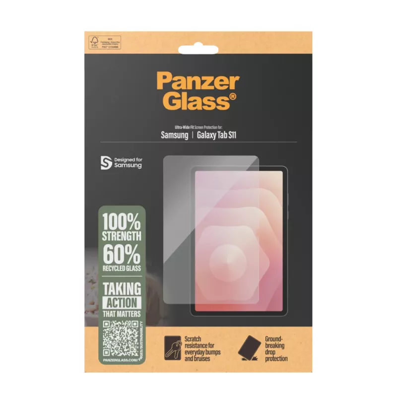 Lámina protectora de pantalla PanzerGlass para Samsung Galaxy Tab S11 — cristal templado, PET, silicona, Ultra-Wide Fit, transparente