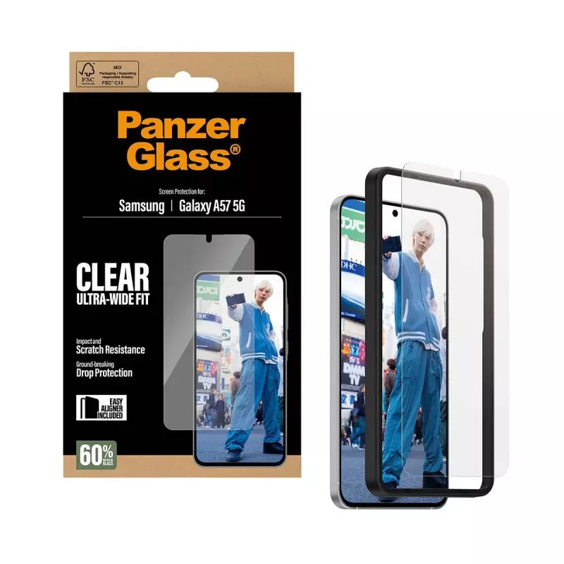 Protector de pantalla PanzerGlass Ultra-Wide Fit para Samsung Galaxy A57 5G — transparente, resistente a arañazos