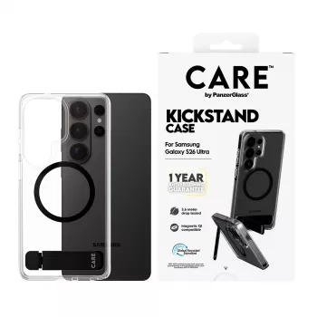 Funda PanzerGlass CARE™ Urban Explorer para Samsung Galaxy S26 Ultra — cubierta transparente con soporte negro y compatibilidad Qi
