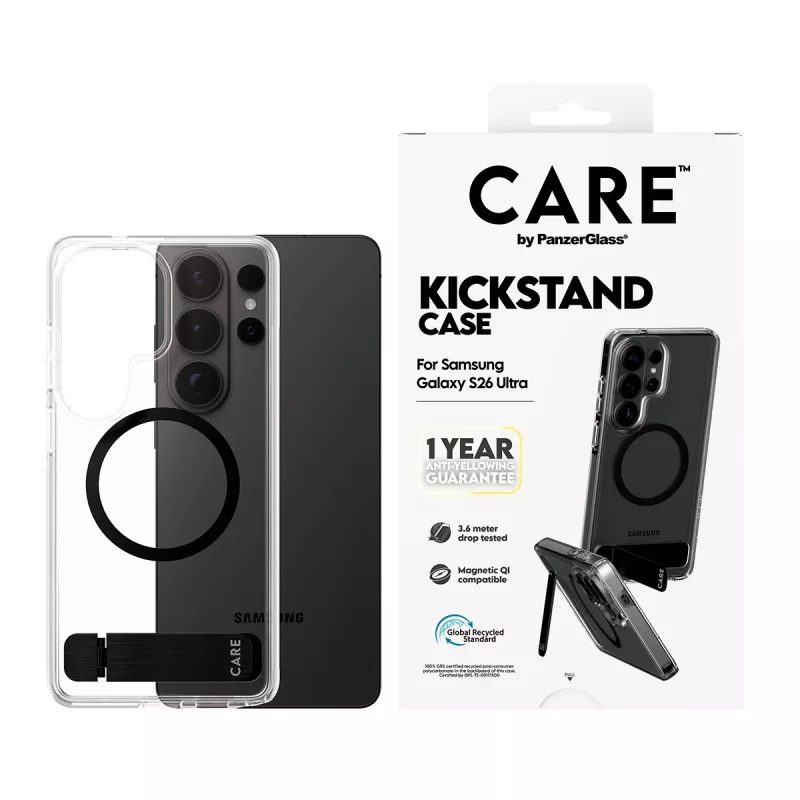 Funda PanzerGlass CARE™ Urban Explorer para Samsung Galaxy S26 Ultra — cubierta transparente con soporte negro y compatibilidad Qi