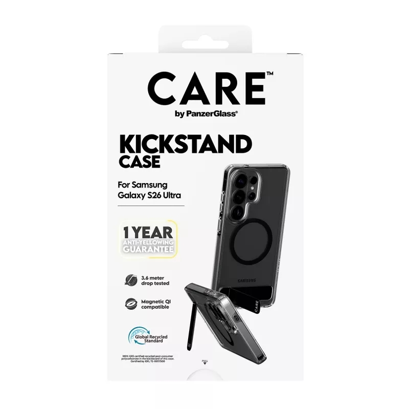 Funda PanzerGlass CARE™ Urban Explorer para Samsung Galaxy S26 Ultra — cubierta transparente con soporte negro y compatibilidad Qi