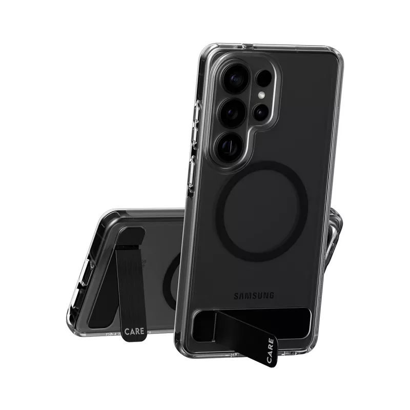 Funda PanzerGlass CARE™ Urban Explorer para Samsung Galaxy S26 Ultra — cubierta transparente con soporte negro y compatibilidad Qi