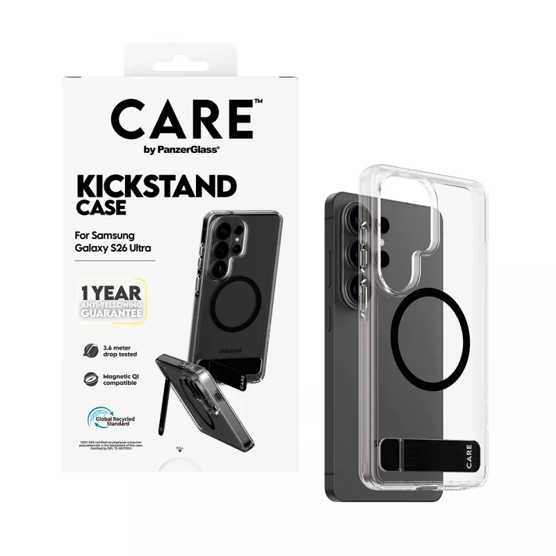 Funda PanzerGlass CARE™ Urban Explorer para Samsung Galaxy S26 Ultra — cubierta transparente con soporte negro y compatibilidad Qi