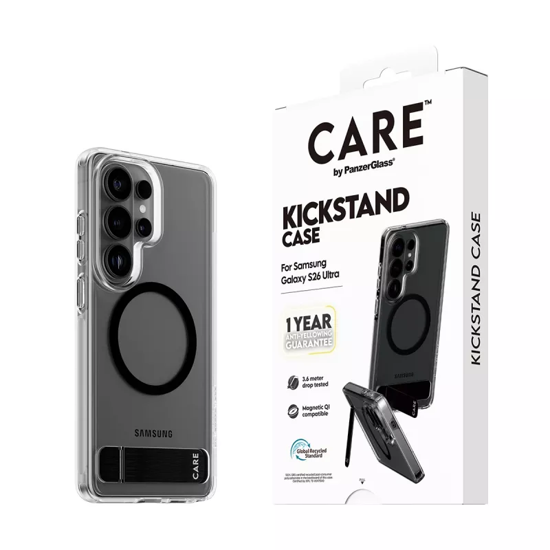 Funda PanzerGlass CARE™ Urban Explorer para Samsung Galaxy S26 Ultra — cubierta transparente con soporte negro y compatibilidad Qi