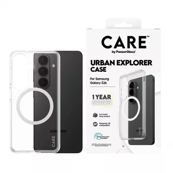 Funda PanzerGlass CARE™ Urban Explorer para Samsung Galaxy S26 — cubierta transparente con compatibilidad Qi blanca