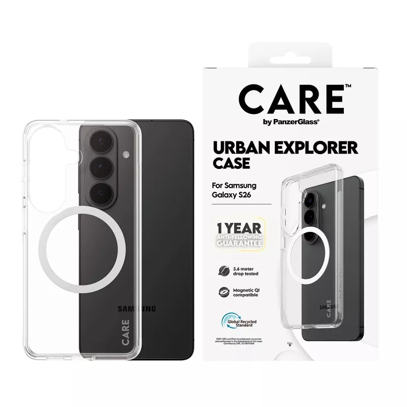 Funda PanzerGlass CARE™ Urban Explorer para Samsung Galaxy S26 — cubierta transparente con compatibilidad Qi blanca