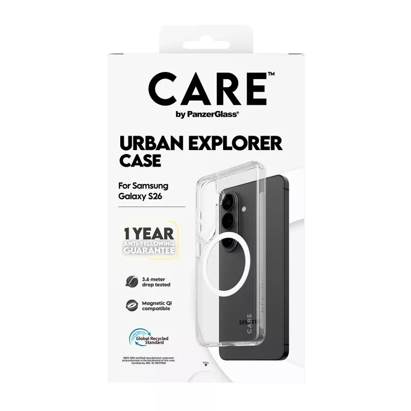 Funda PanzerGlass CARE™ Urban Explorer para Samsung Galaxy S26 — cubierta transparente con compatibilidad Qi blanca