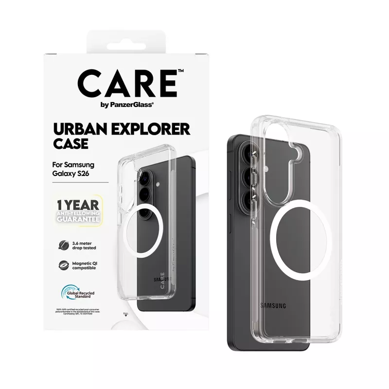 Funda PanzerGlass CARE™ Urban Explorer para Samsung Galaxy S26 — cubierta transparente con compatibilidad Qi blanca