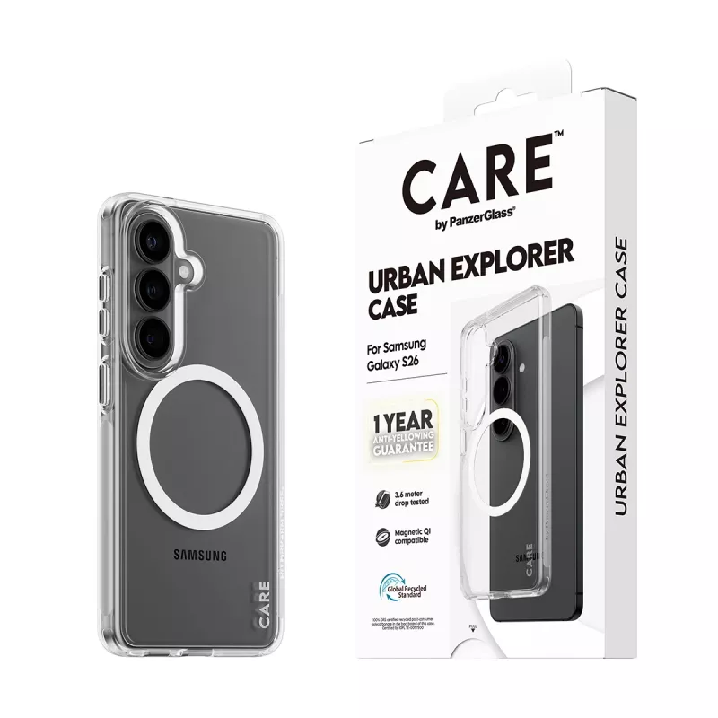 Funda PanzerGlass CARE™ Urban Explorer para Samsung Galaxy S26 — cubierta transparente con compatibilidad Qi blanca