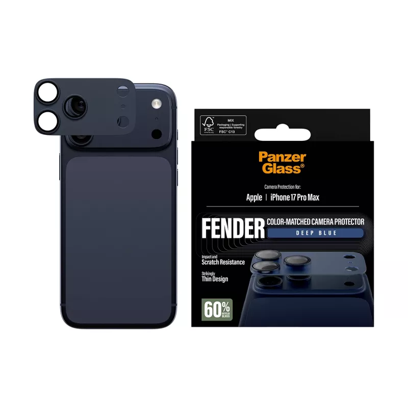 Cristal protector de cámara PanzerGlass Fender Deep Blue para iPhone 17 Pro Max, silicona, resistente a arañazos y golpes