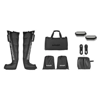 Aparato de masaje por compresión para drenaje linfático de piernas ActiveJet ACM-PLUS-A1 S – a batería 25 W, batería integrada, 330×840×60 mm, negro/naranja