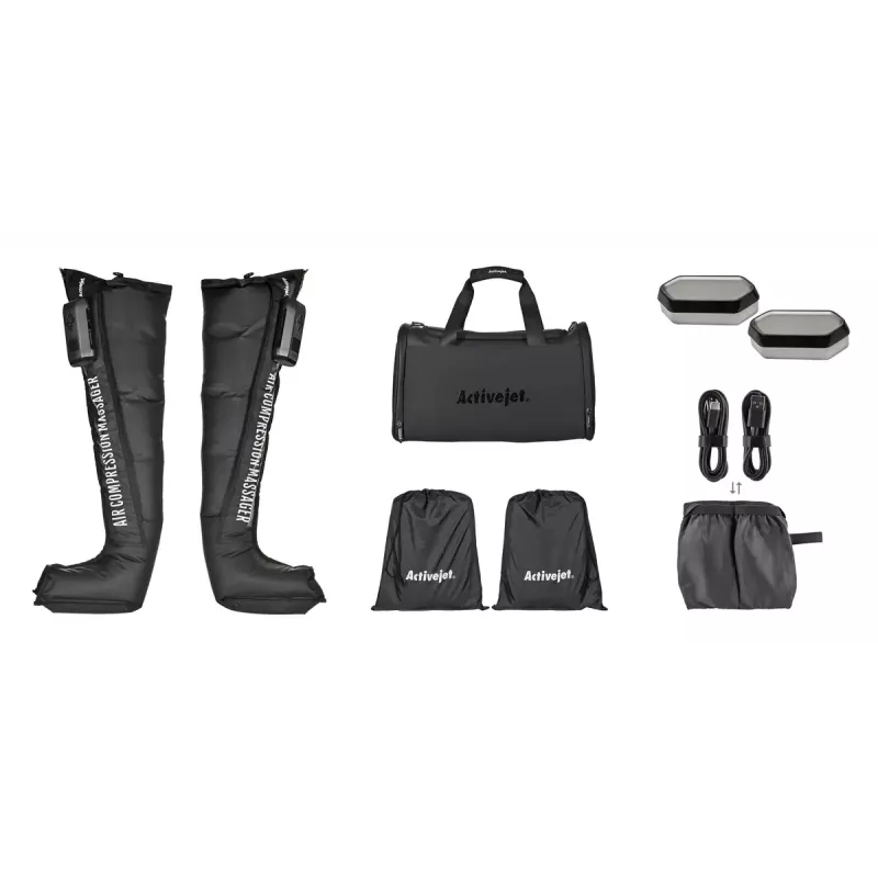 Aparato de masaje por compresión para drenaje linfático de piernas ActiveJet ACM-PLUS-A1 S – a batería 25 W, batería integrada, 330×840×60 mm, negro/naranja
