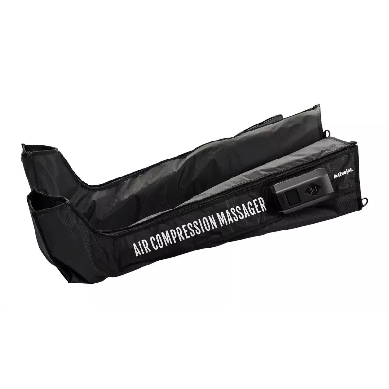 Aparato de masaje por compresión para drenaje linfático de piernas ActiveJet ACM-PLUS-A1 S – a batería 25 W, batería integrada, 330×840×60 mm, negro/naranja