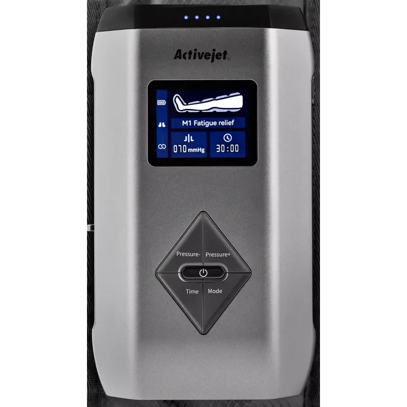 Aparato de masaje por compresión para drenaje linfático de piernas ActiveJet ACM-PLUS-A1 S – a batería 25 W, batería integrada, 330×840×60 mm, negro/naranja