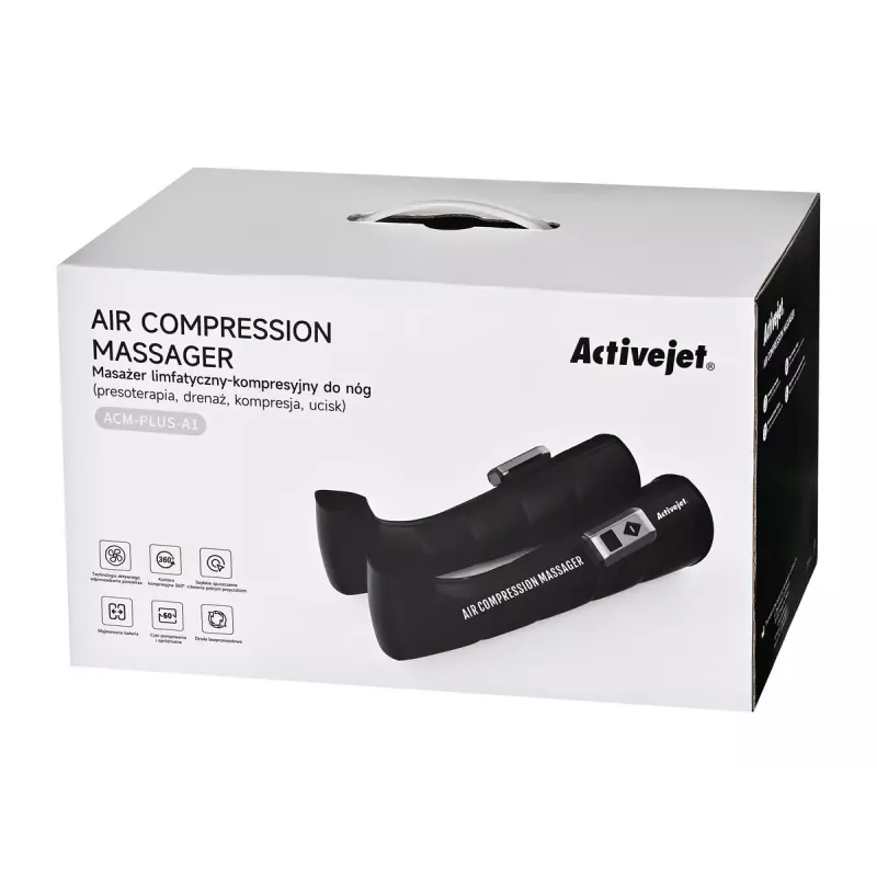 Aparato de masaje por compresión para drenaje linfático de piernas ActiveJet ACM-PLUS-A1 S – a batería 25 W, batería integrada, 330×840×60 mm, negro/naranja