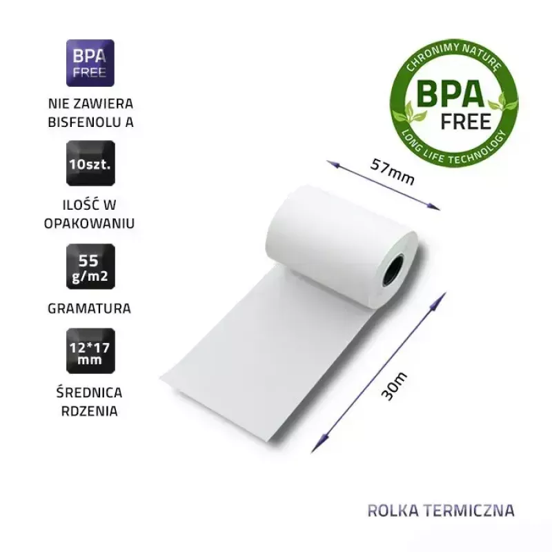 Rollos térmicos para caja QOLTEC 57 x 30 mm 55 g/m² sin BPA, núcleo 17 mm, 10 uds.