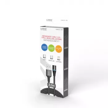 Cable USB 2.0 SAVIO CL-155, USB A a USB-C / Micro-USB B / Lightning intercambiable, 2 m, negro