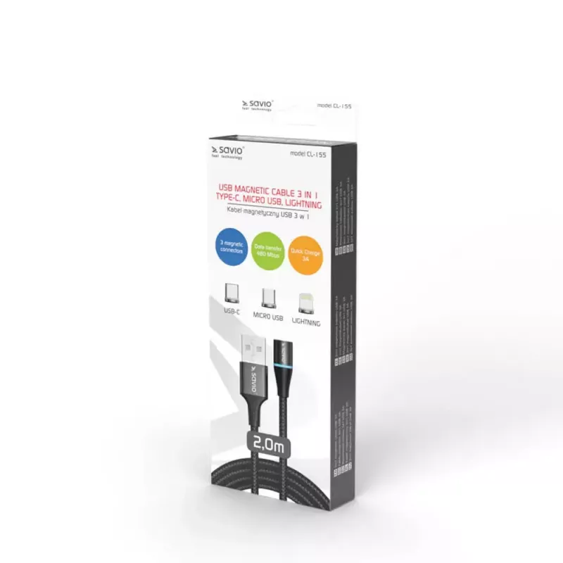 Cable USB 2.0 SAVIO CL-155, USB A a USB-C / Micro-USB B / Lightning intercambiable, 2 m, negro