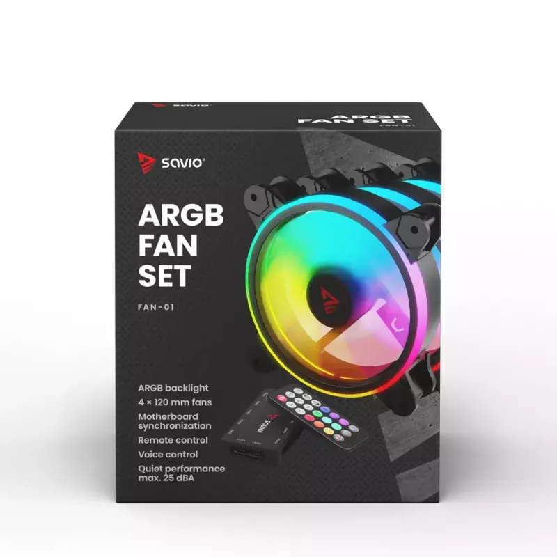 SAVIO FAN-01 Pack de 4 ventiladores ARGB de 120mm con controlador y mando a distancia, negro