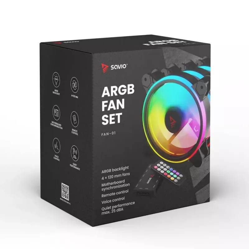 SAVIO FAN-01 Pack de 4 ventiladores ARGB de 120mm con controlador y mando a distancia, negro