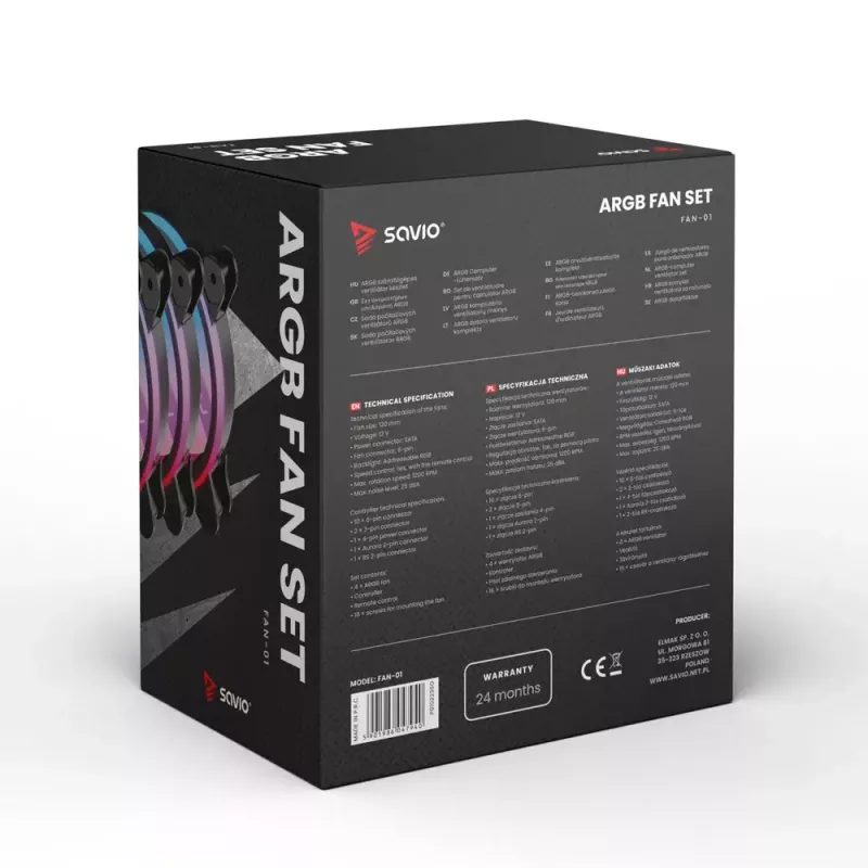 SAVIO FAN-01 Pack de 4 ventiladores ARGB de 120mm con controlador y mando a distancia, negro
