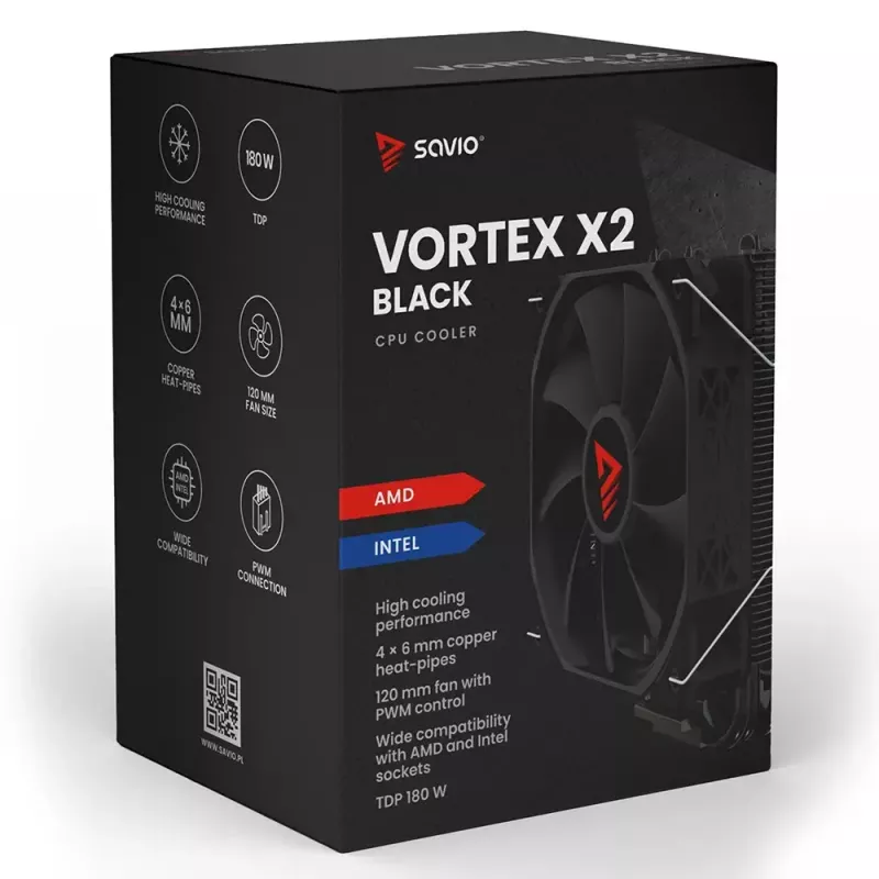 Disipador de aire para CPU SAVIO Vortex X2 negro – ventilador de 120 mm, altura 157 mm, PWM, compatible con LGA 2066