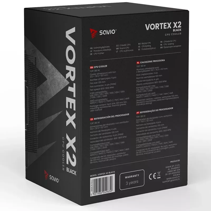Disipador de aire para CPU SAVIO Vortex X2 negro – ventilador de 120 mm, altura 157 mm, PWM, compatible con LGA 2066