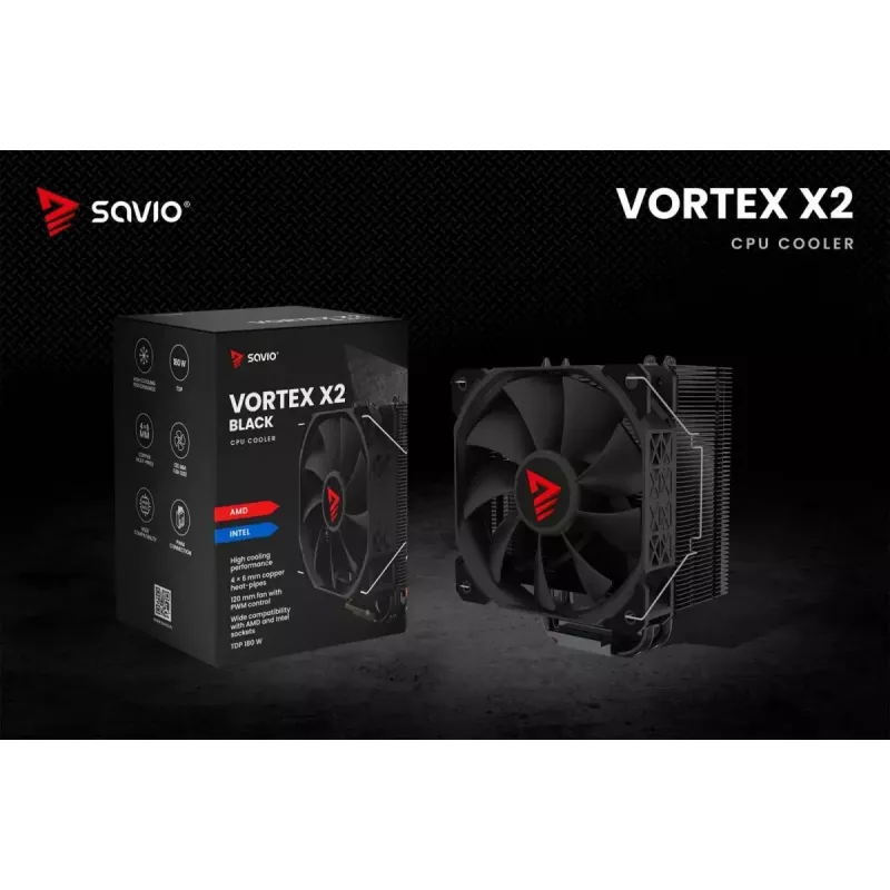 Disipador de aire para CPU SAVIO Vortex X2 negro – ventilador de 120 mm, altura 157 mm, PWM, compatible con LGA 2066