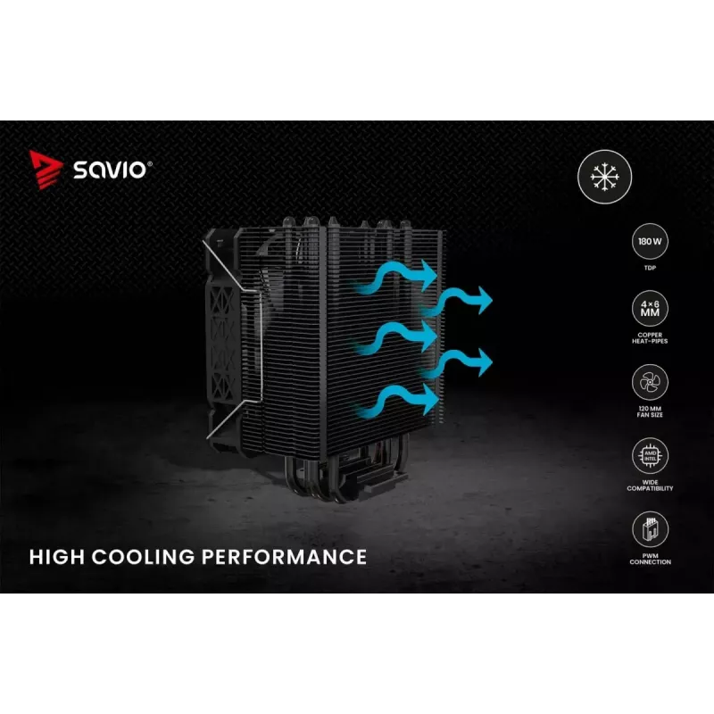 Disipador de aire para CPU SAVIO Vortex X2 negro – ventilador de 120 mm, altura 157 mm, PWM, compatible con LGA 2066