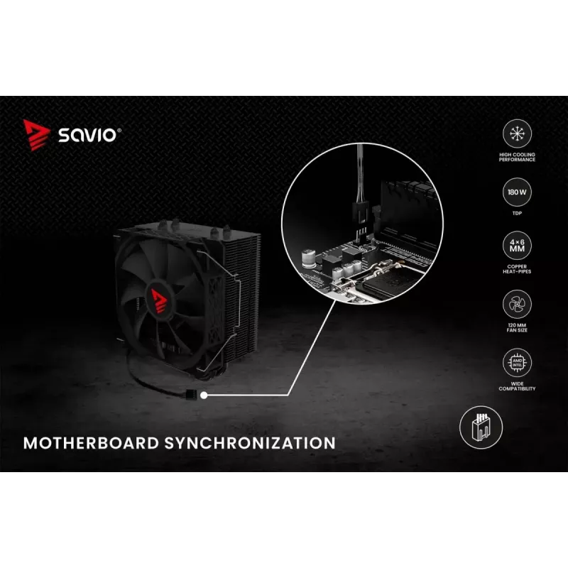 Disipador de aire para CPU SAVIO Vortex X2 negro – ventilador de 120 mm, altura 157 mm, PWM, compatible con LGA 2066