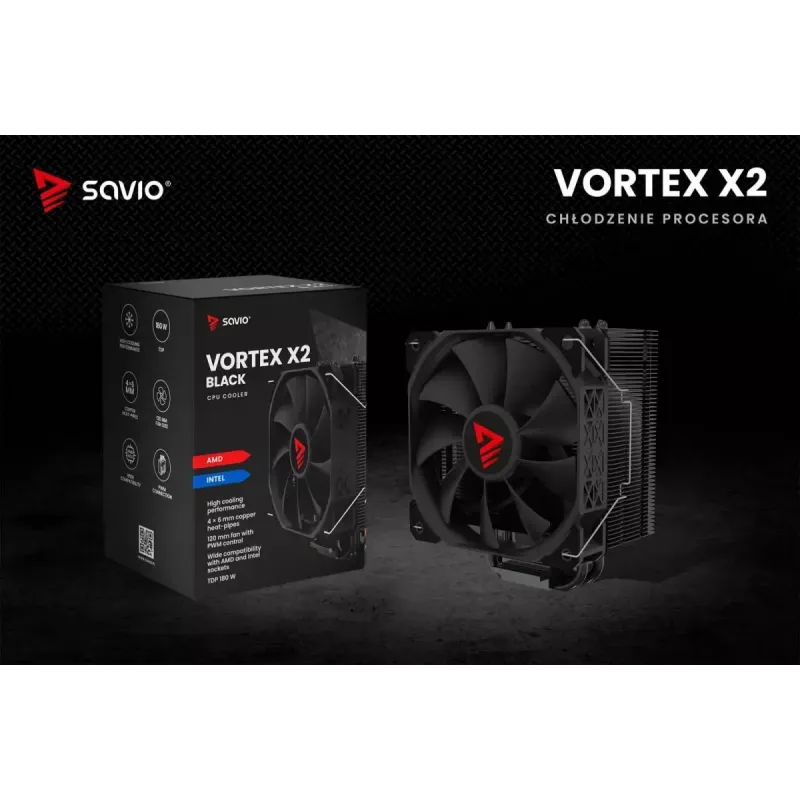 Disipador de aire para CPU SAVIO Vortex X2 negro – ventilador de 120 mm, altura 157 mm, PWM, compatible con LGA 2066