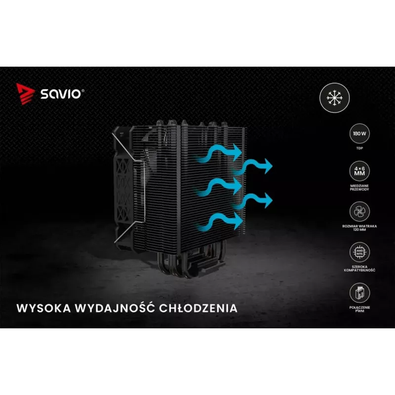 Disipador de aire para CPU SAVIO Vortex X2 negro – ventilador de 120 mm, altura 157 mm, PWM, compatible con LGA 2066