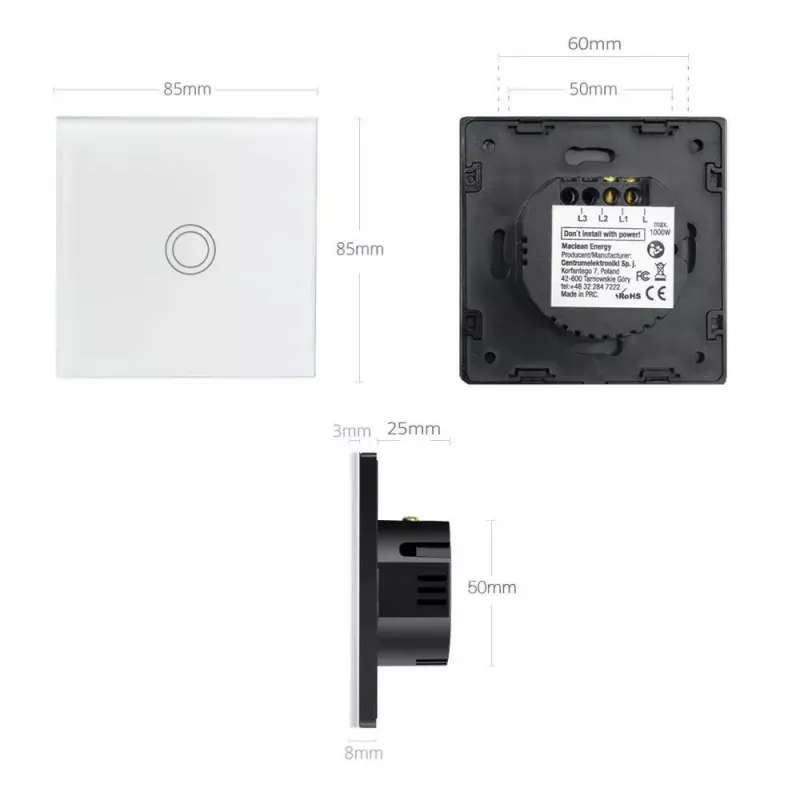 Interruptor táctil de luz MACLEAN MCE703W, frontal de cristal, 1 tecla, 220V