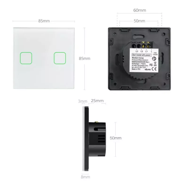 Interruptor táctil de luz MACLEAN MCE703W, frontal de cristal, 1 tecla, 220V