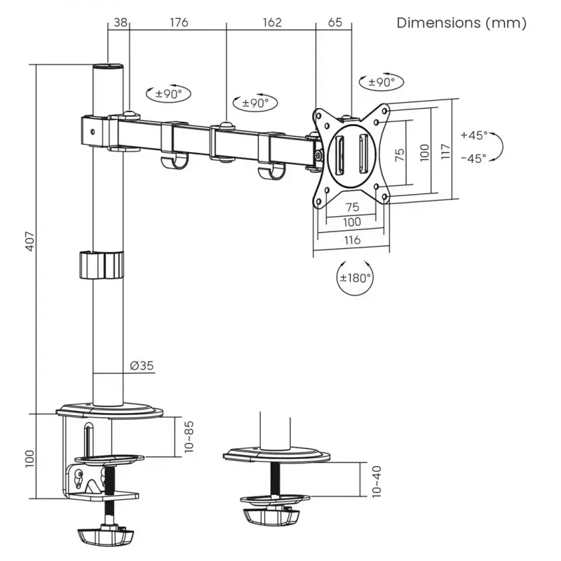Soporte de mesa para monitor MACLEAN MC-753N para pantallas de 17–32 pulgadas, VESA 75x75 / 100x100, máx. 9 kg, inclinación ±45°, giro ±180°, regulable en altura