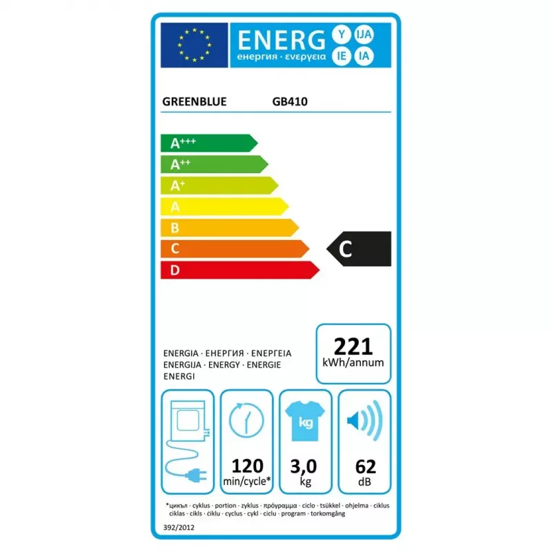 Secadora eléctrica GreenBlue GB410 — capacidad 3 kg, 830 W, evacuación, 5 programas de secado, clase de eficiencia energética C