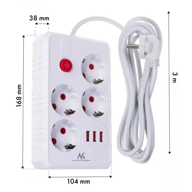 Regleta de enchufes MACLEAN MCE393 W — 4 enchufes + 3×USB, 110–240V, 2,1A USB, 2500W, 3 m, blanco