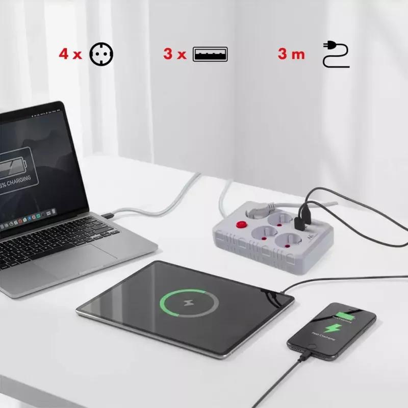 Regleta de enchufes MACLEAN MCE393 W — 4 enchufes + 3×USB, 110–240V, 2,1A USB, 2500W, 3 m, blanco