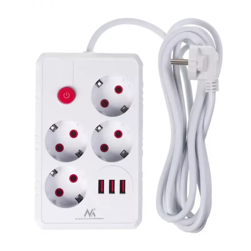 Regleta de enchufes MACLEAN MCE393 W — 4 enchufes + 3×USB, 110–240V, 2,1A USB, 2500W, 3 m, blanco