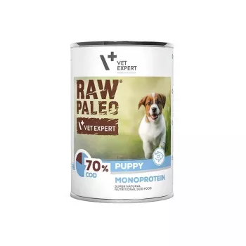 VETEXPERT RAW PALEO Puppy monoproteico bacalao 400 g, sin cereales, para cachorros, lata