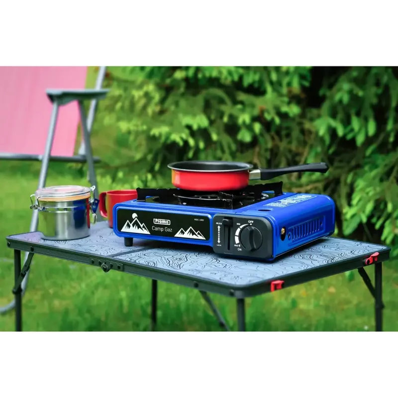 Hornillo de gas de camping PROMIS KGC100 — placa de sobremesa GLP de 1 fuego, carcasa de metal, mando giratorio frontal